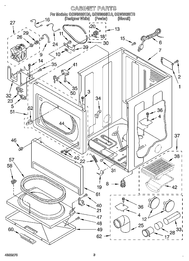 CABINET Diagram and Parts List for GGW9868KL0  Whirlpool Dryer