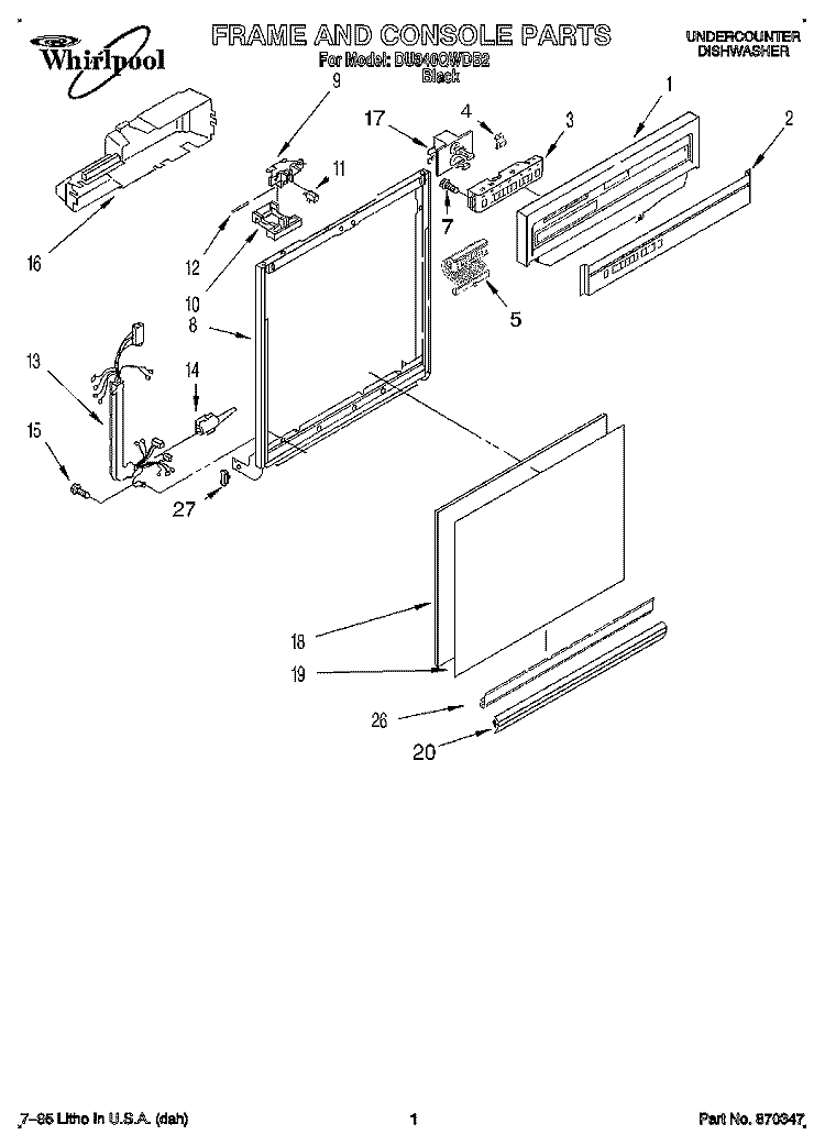 FRAME AND CONSOLE Diagram and Parts List for DU940QWDB2  Whirlpool Dishwasher