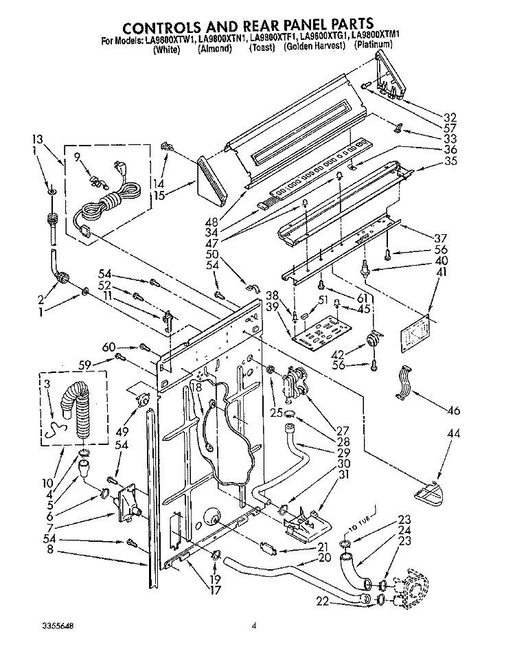 CONTROLS AND REAR PANEL Diagram and Parts List for LA9800XTW1  Whirlpool Washer