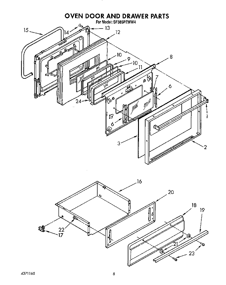 OVEN DOOR AND DRAWER Diagram and Parts List for SF385PEWN4  Whirlpool Range
