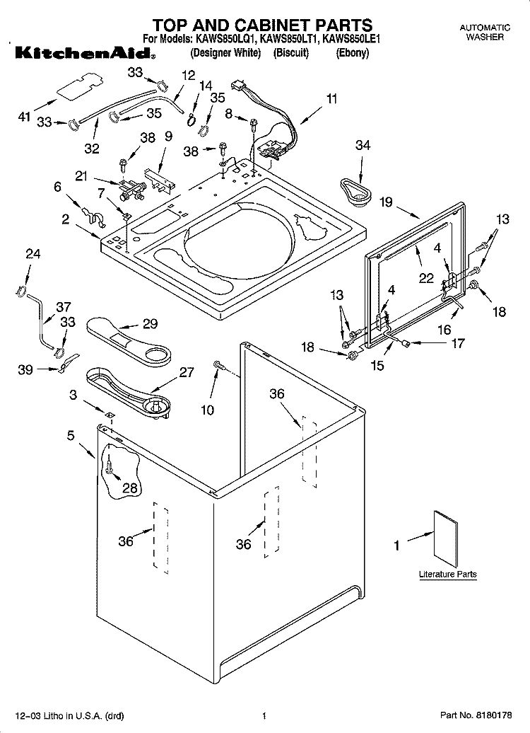 TOP AND CABINET PARTS Diagram and Parts List for KAWS850LQ1  KitchenAid Washer