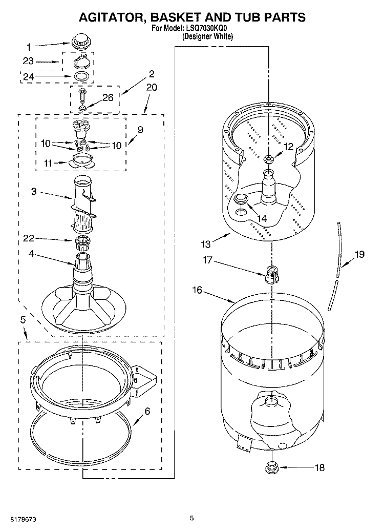 AGITATOR, BASKET AND TUB Diagram and Parts List for LSQ7030KQ0  Whirlpool Washer