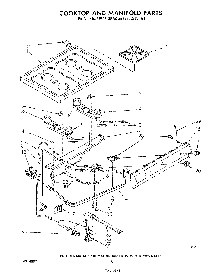COOK TOP AND MANIFOLD , LITERATURE Diagram and Parts List for SF3021SRW1  Whirlpool Range