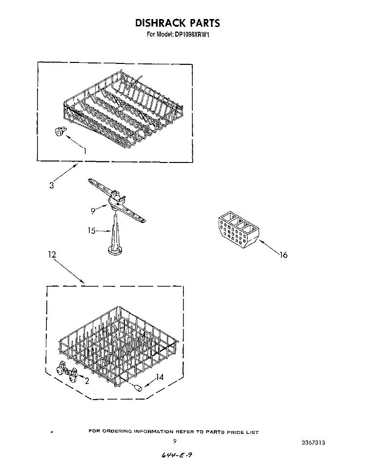 DISHRACK Diagram and Parts List for DP1098XRN1  Whirlpool Dishwasher