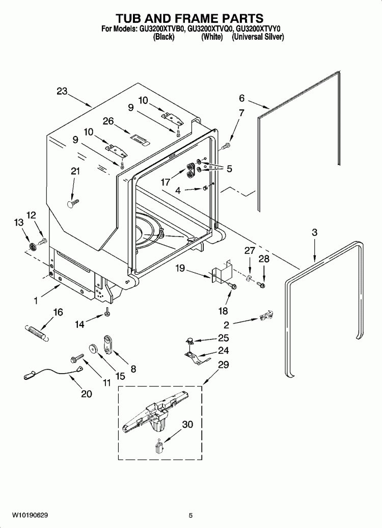 TUB AND FRAME PARTS Diagram and Parts List for GU3200XTVB0  Whirlpool Dishwasher