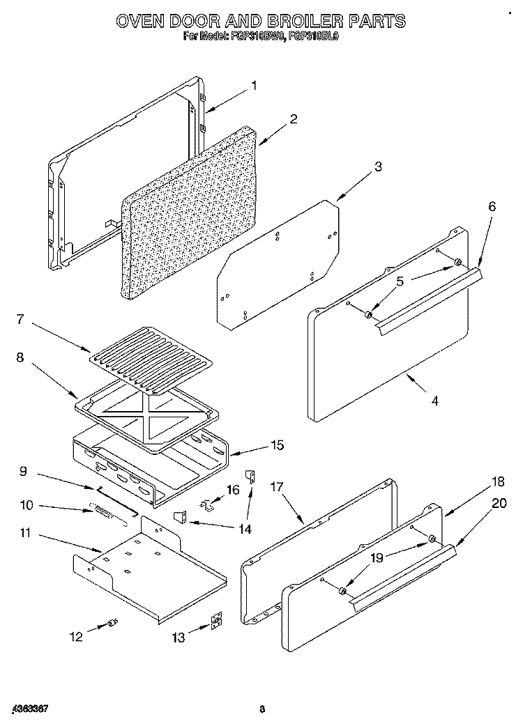 OVEN DOOR AND BROILER Diagram and Parts List for FGP310BW0  Roper Range