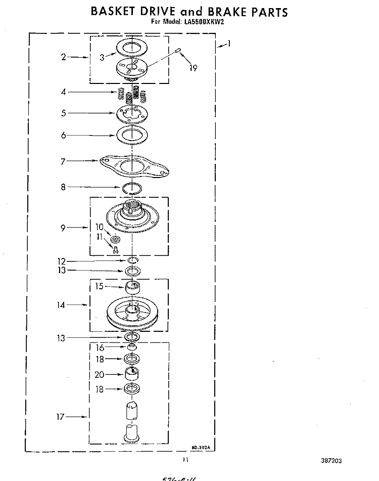 BASKET DRIVE AND BRAKE Diagram and Parts List for LA5500XKW2  Whirlpool Washer