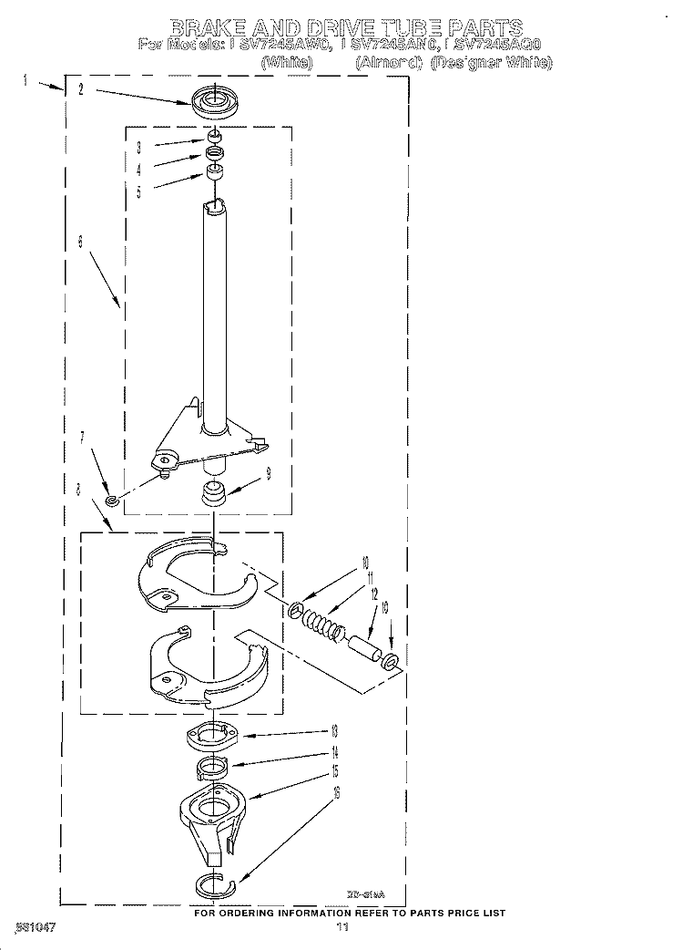 BRAKE AND DRIVE TUBE Diagram and Parts List for LSV7245AW0  Whirlpool Washer