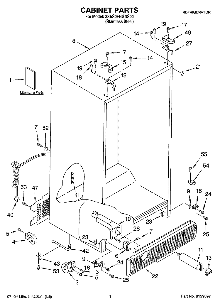 CABINET PARTS Diagram and Parts List for 3XES0FHGNS00  Whirlpool Refrigerator