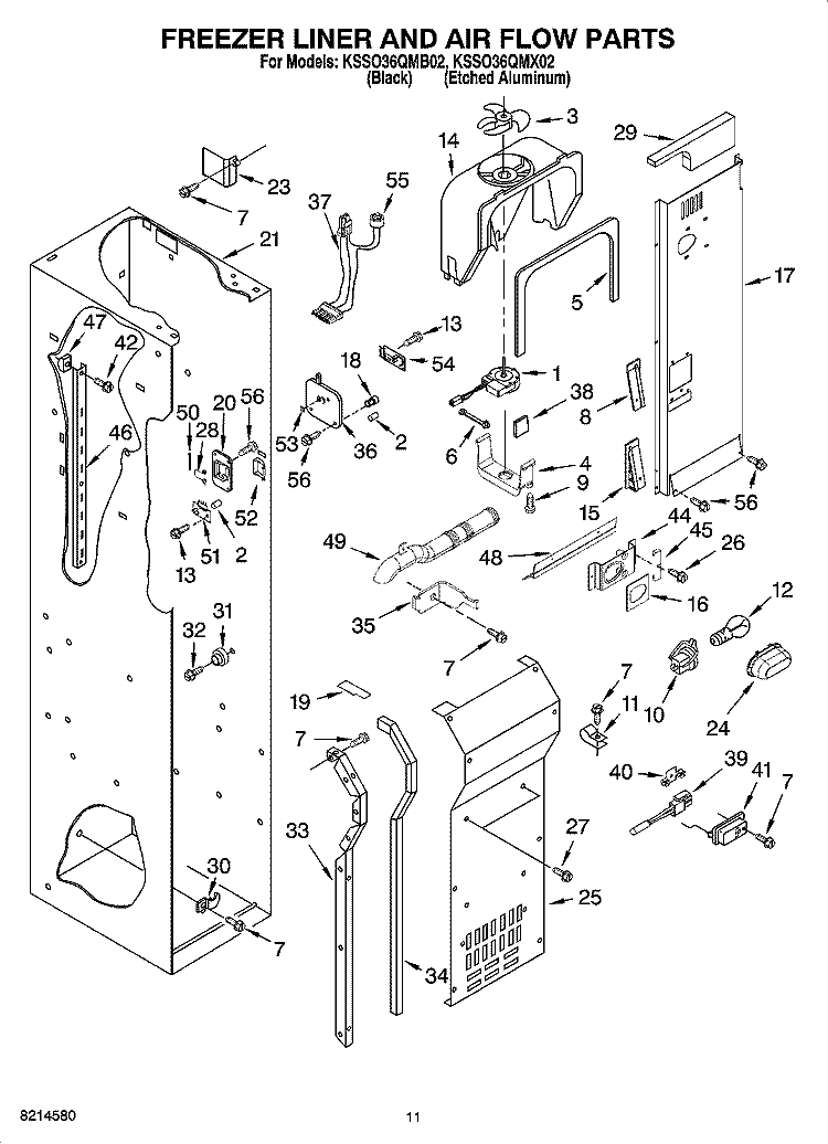 FREEZER LINER AND AIR FLOW PARTS Diagram and Parts List for KSSO36QMX02  KitchenAid Refrigerator