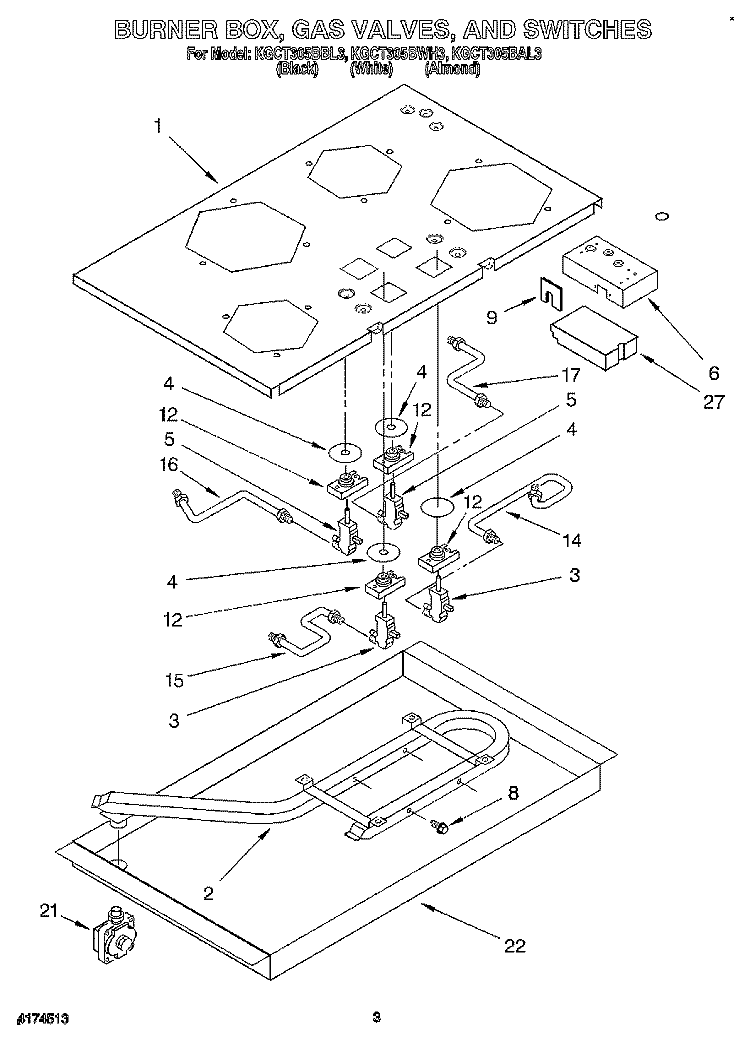 BURNER BOX, GAS VALVES, AND SWITCHES Diagram and Parts List for KGCT305BBL3  KitchenAid Cooktop