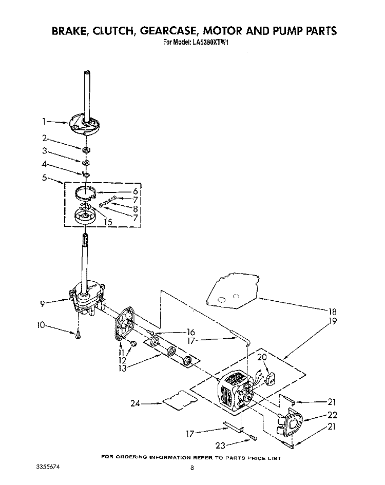 BRAKE, CLUTCH, GEARCASE, MOTOR AND PUMP Diagram and Parts List for LA5380XTF1  Whirlpool Washer