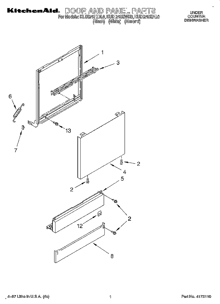 DOOR AND PANEL Diagram and Parts List for KUDI24SEBL0  KitchenAid Dishwasher