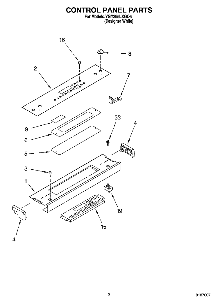CONTROL PANEL PARTS Diagram and Parts List for YGY395LXGQ5  Whirlpool Range