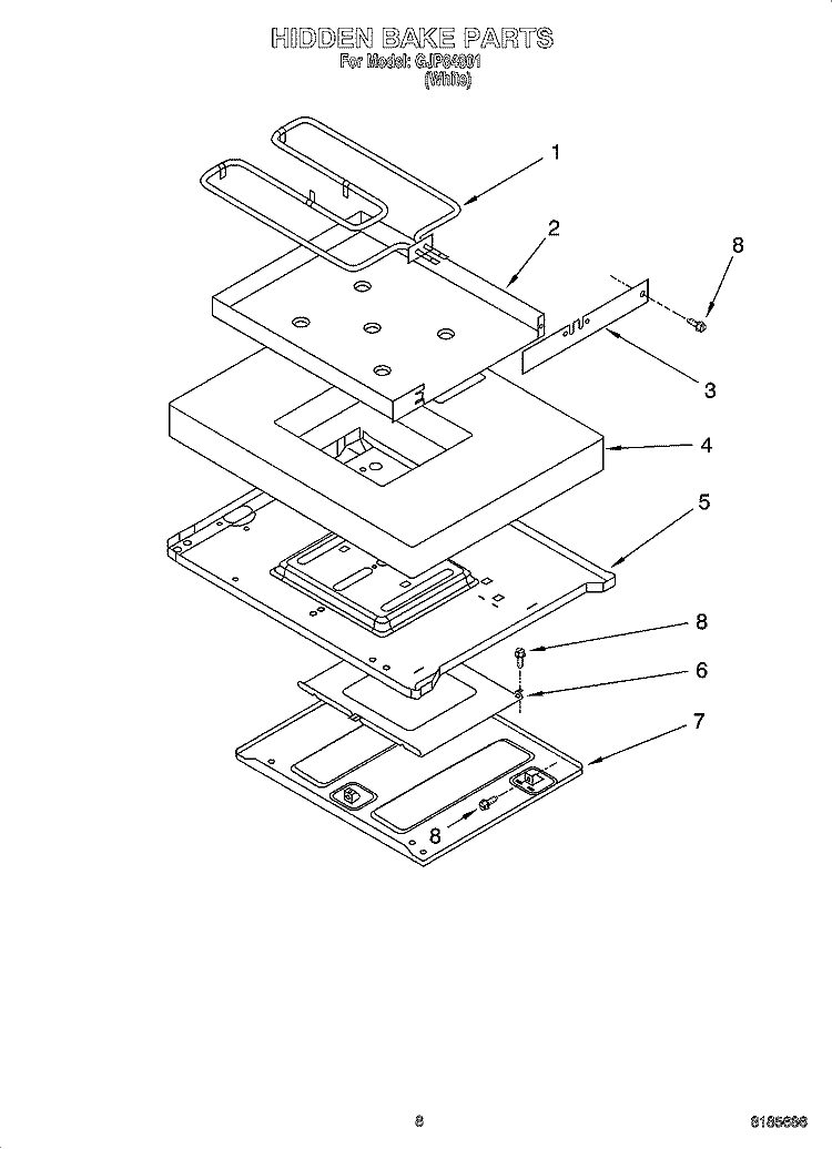 HIDDEN BAKE PARTS, MISCELLANEOUS PARTS Diagram and Parts List for GJP84801  Whirlpool Range