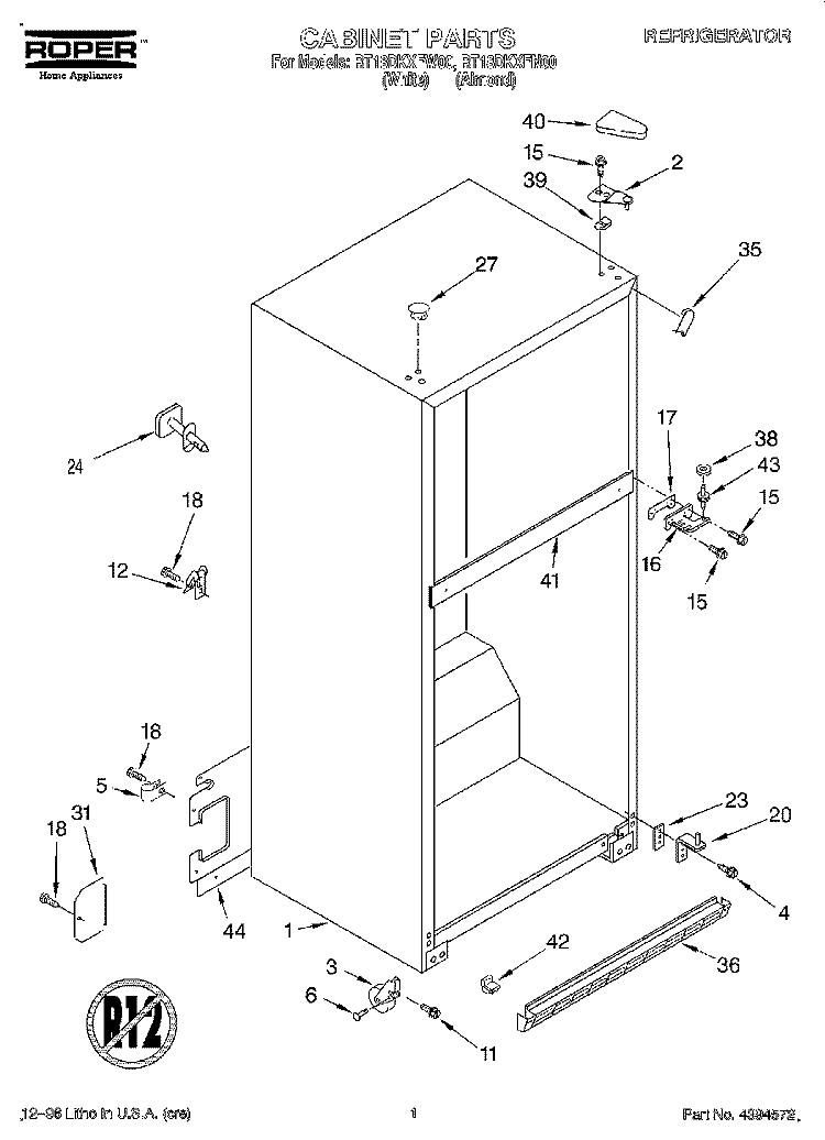 CABINET Diagram and Parts List for RT18DKXFN00  Roper Refrigerator
