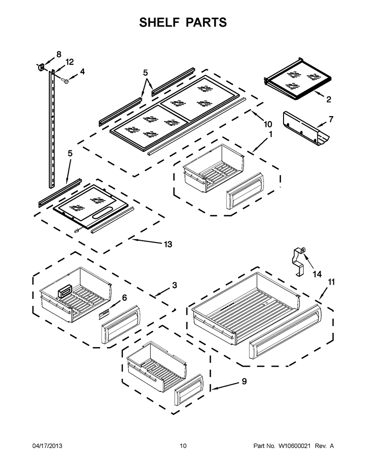 SHELF PARTS Diagram and Parts List for KBFO42FTX07  KitchenAid Refrigerator