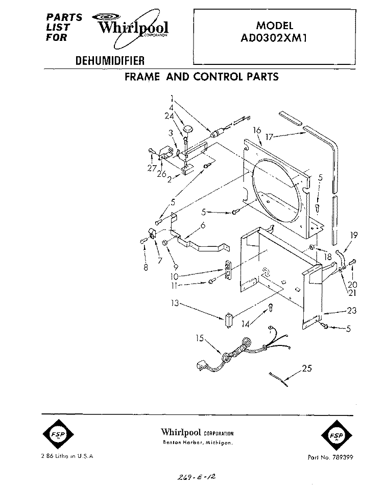 SECTION Diagram and Parts List for AD0302XM1  Whirlpool Dehumidifier