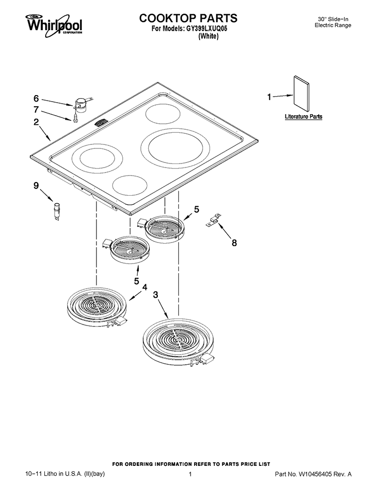 COOKTOP PARTS Diagram and Parts List for GY399LXUQ05  Whirlpool Range