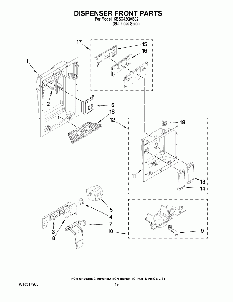 DISPENSER FRONT PARTS Diagram and Parts List for KSSC42QVS02  KitchenAid Refrigerator