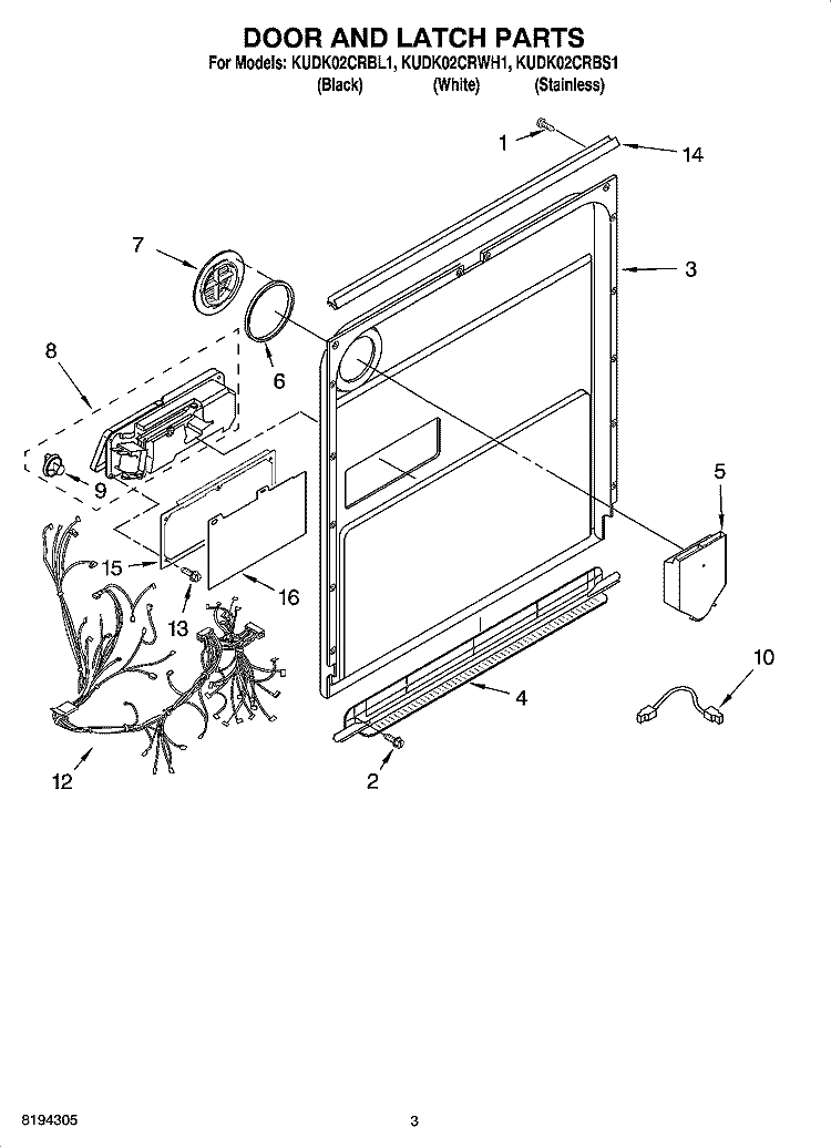 DOOR AND LATCH PARTS Diagram and Parts List for KUDK02CRBS1  KitchenAid Dishwasher