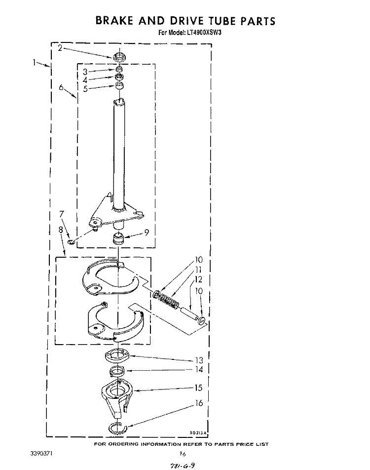 BRAKE AND DRIVE TUBE Diagram and Parts List for LT4900XSW3  Whirlpool Washer Dryer Combo