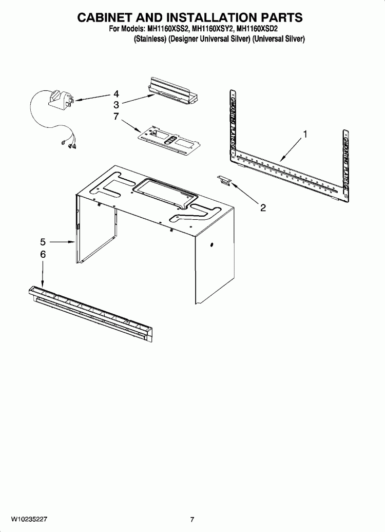CABINET AND INSTALLATION PARTS Diagram and Parts List for MH1160XSD2  Whirlpool Microwave