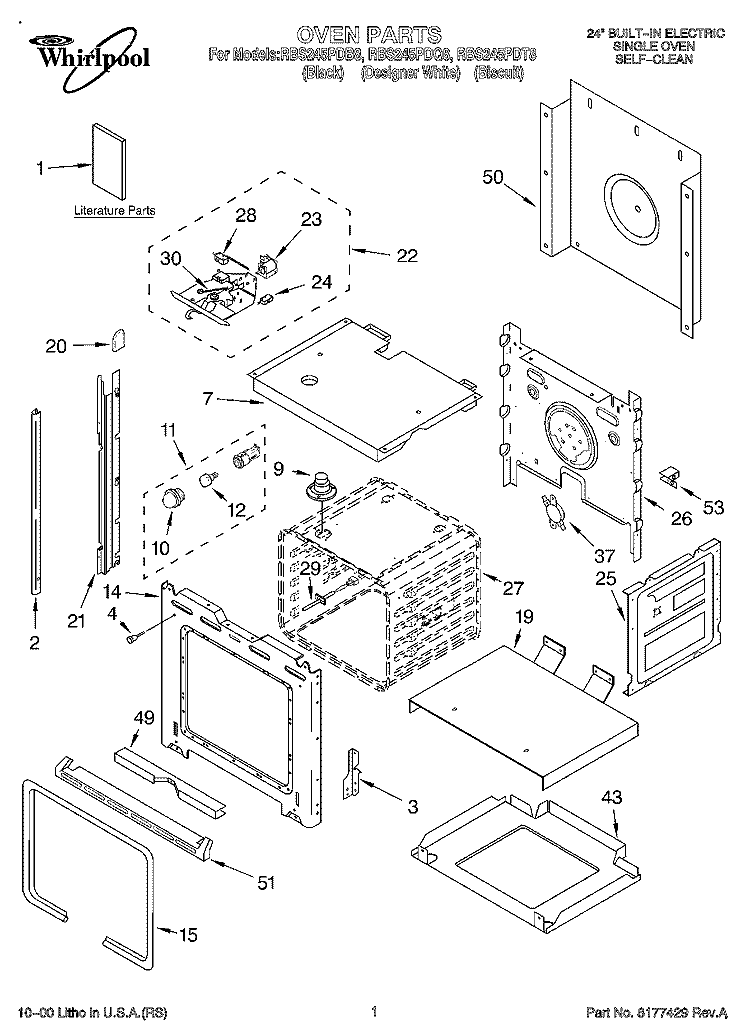 OVEN, LITERATURE Diagram and Parts List for RBS245PDB8  Whirlpool Wall Oven