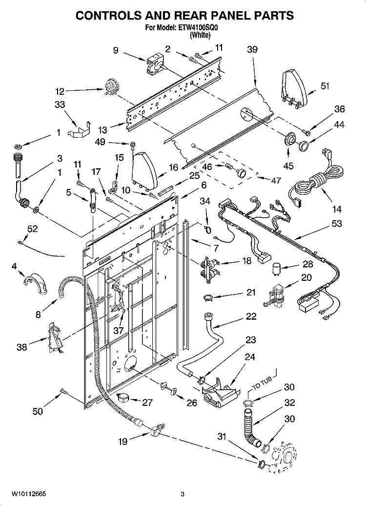 CONTROLS AND REAR PANEL PARTS Diagram and Parts List for ETW4100SQ0  Estate Washer
