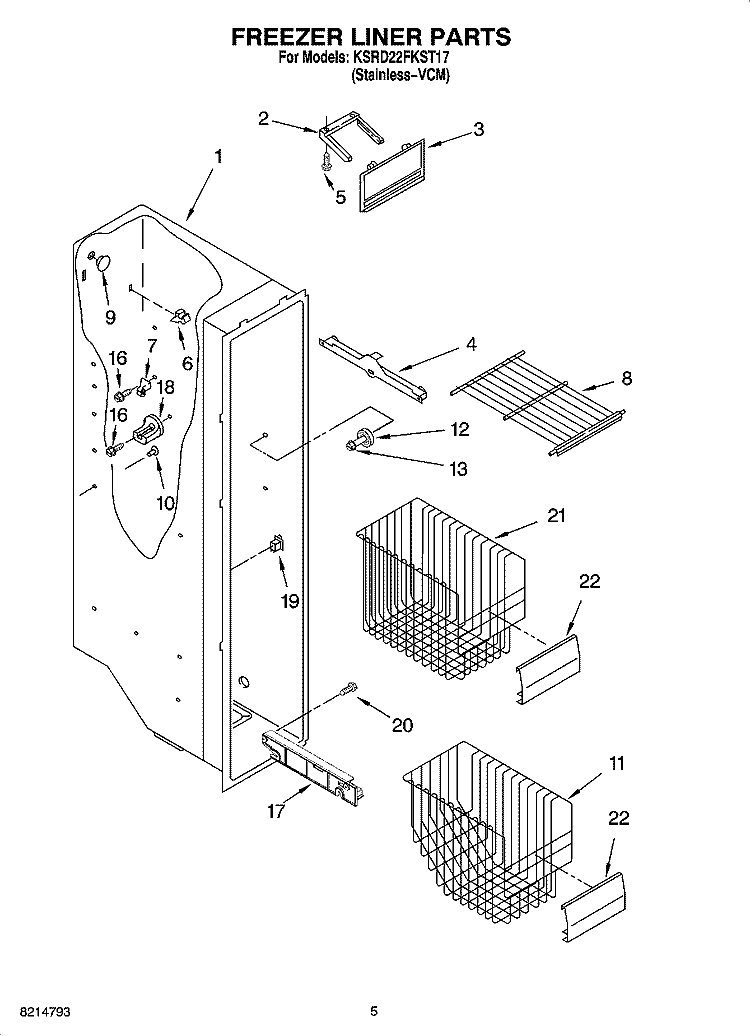 FREEZER LINER PARTS Diagram and Parts List for KSRD22FKST17  KitchenAid Refrigerator
