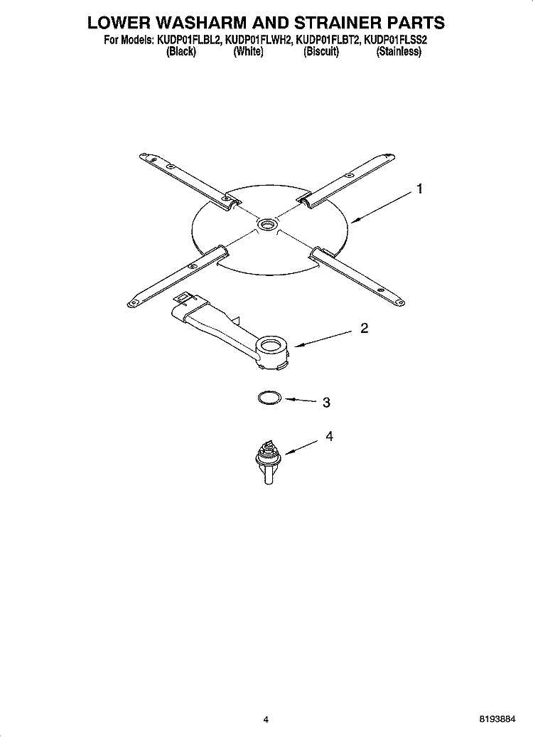 LOWER WASHARM AND STRAINER PARTS Diagram and Parts List for KUDP01FLBL2  KitchenAid Dishwasher