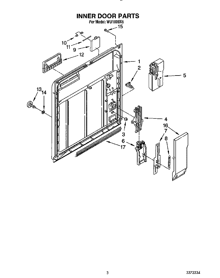 INNER DOOR Diagram and Parts List for WU1000X5  Roper Dishwasher