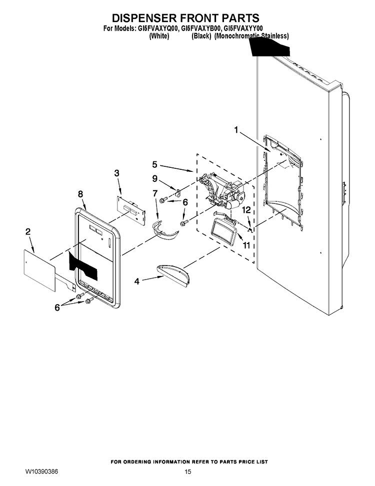 DISPENSER FRONT PARTS Diagram and Parts List for GI5FVAXYQ00  Whirlpool Refrigerator