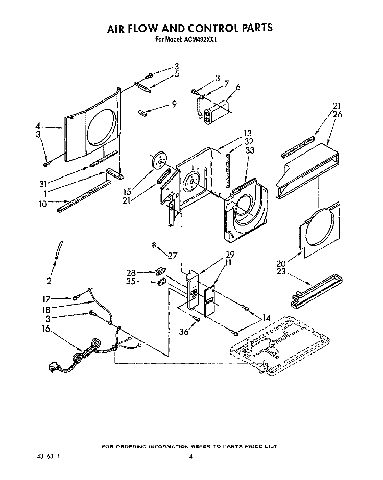 AIR FLOW AND CONTROL Diagram and Parts List for ACM492XX1  Whirlpool Air Conditioner