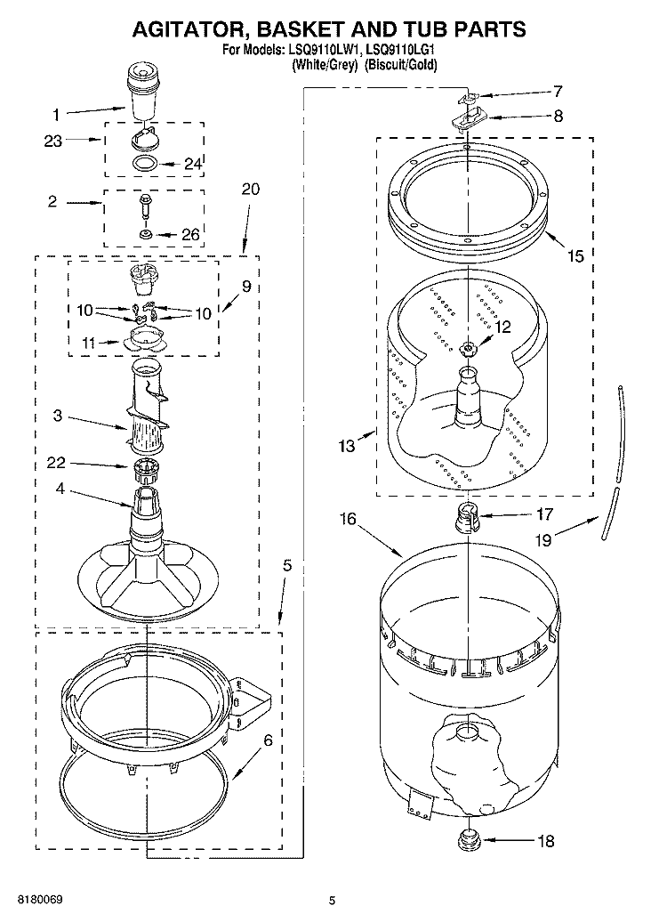 AGITATOR, BASKET AND TUB PARTS Diagram and Parts List for LSQ9110LG1  Whirlpool Washer