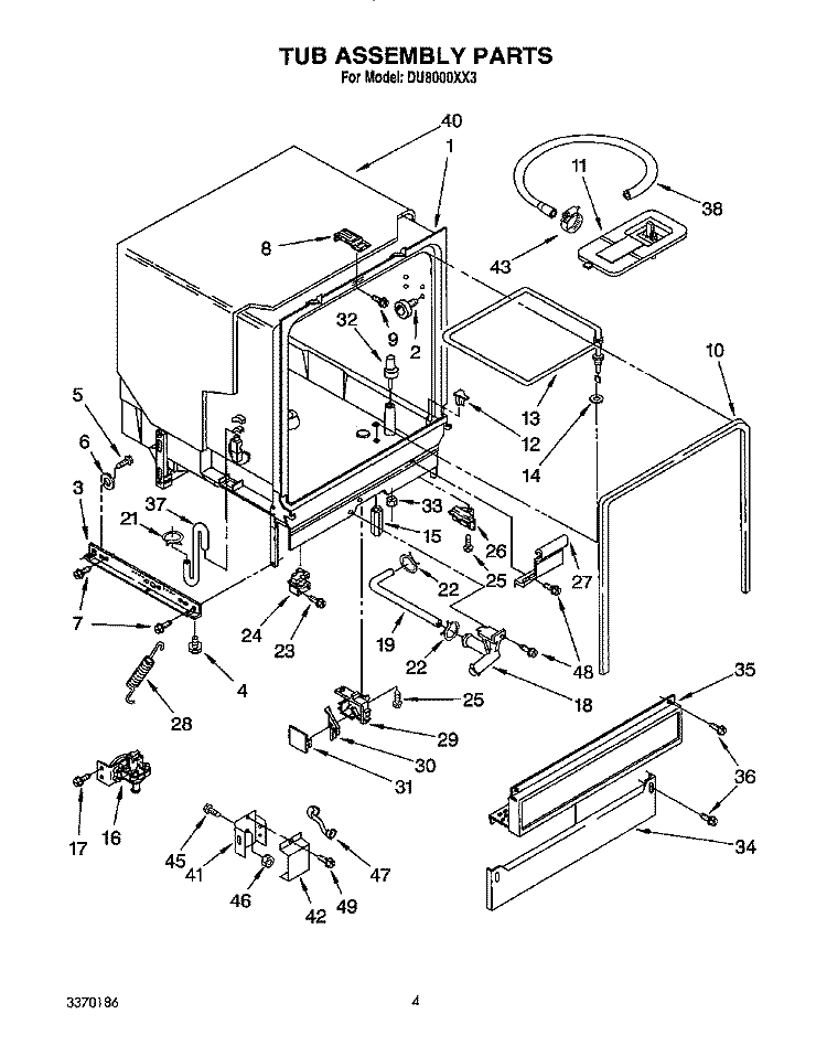 TUB ASSEMBLY, LIT/OPTIONAL Diagram and Parts List for DU8000XX3  Whirlpool Dishwasher