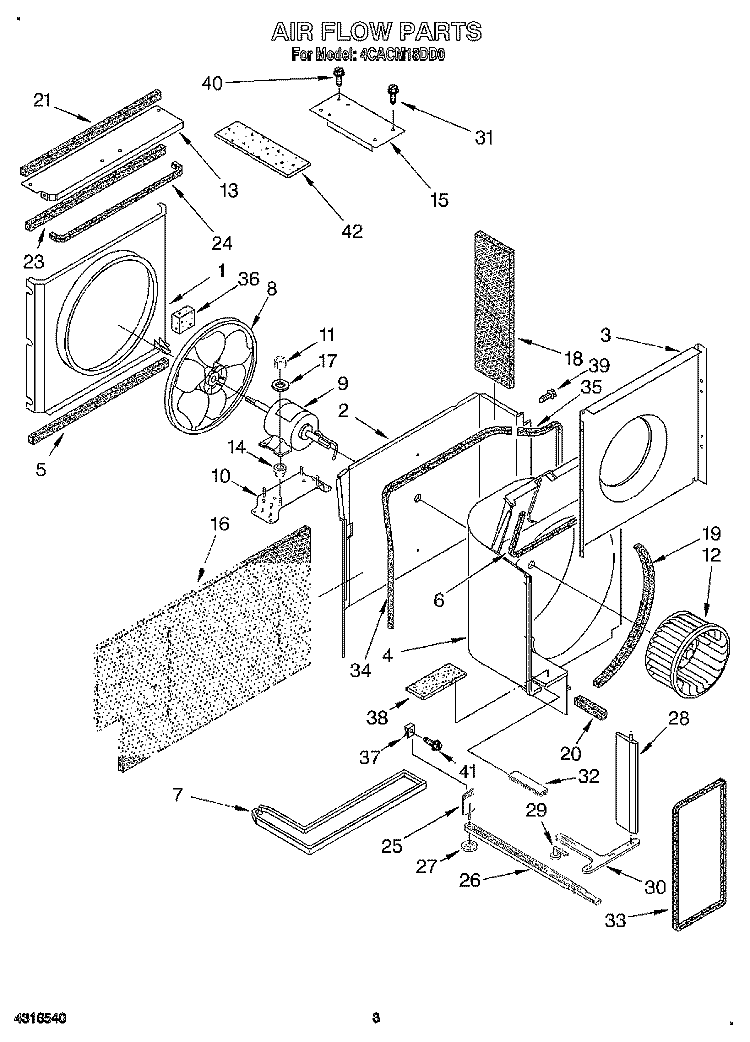 AIR FLOW Diagram and Parts List for 4CACM18DD0  Whirlpool Air Conditioner