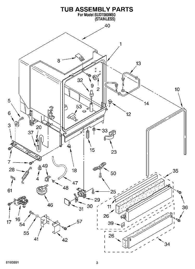 TUB ASSEMBLY PARTS Diagram and Parts List for SUD7000MS0  Whirlpool Dishwasher