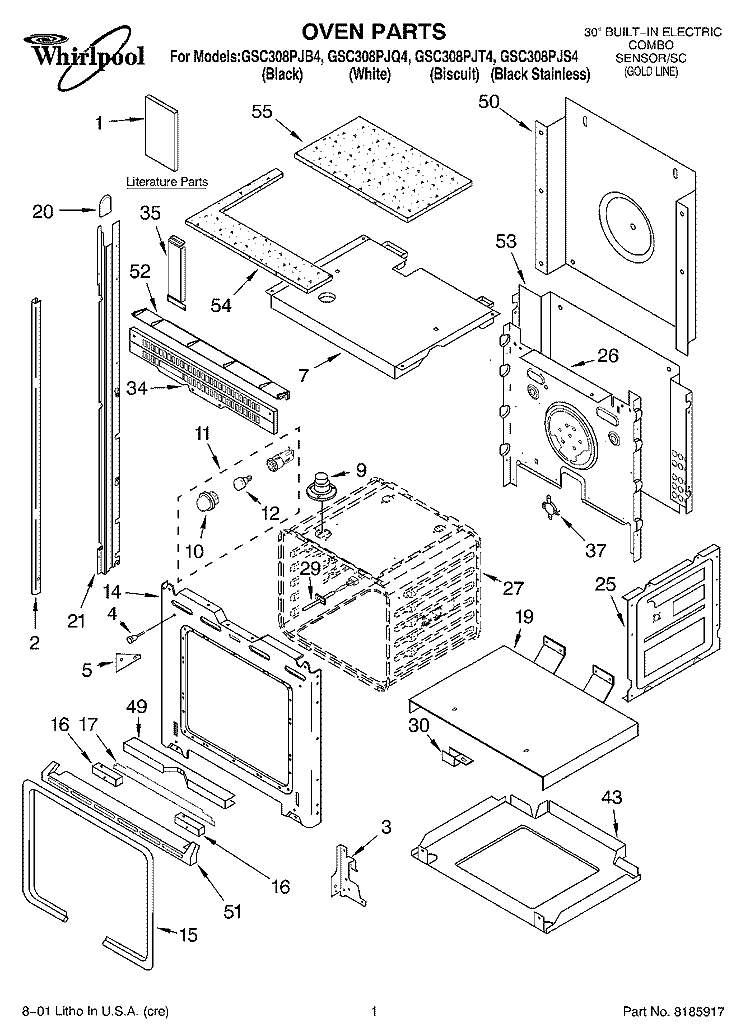 OVEN, LITERATURE Diagram and Parts List for GSC308PJB4  Whirlpool Microwave Oven Combo