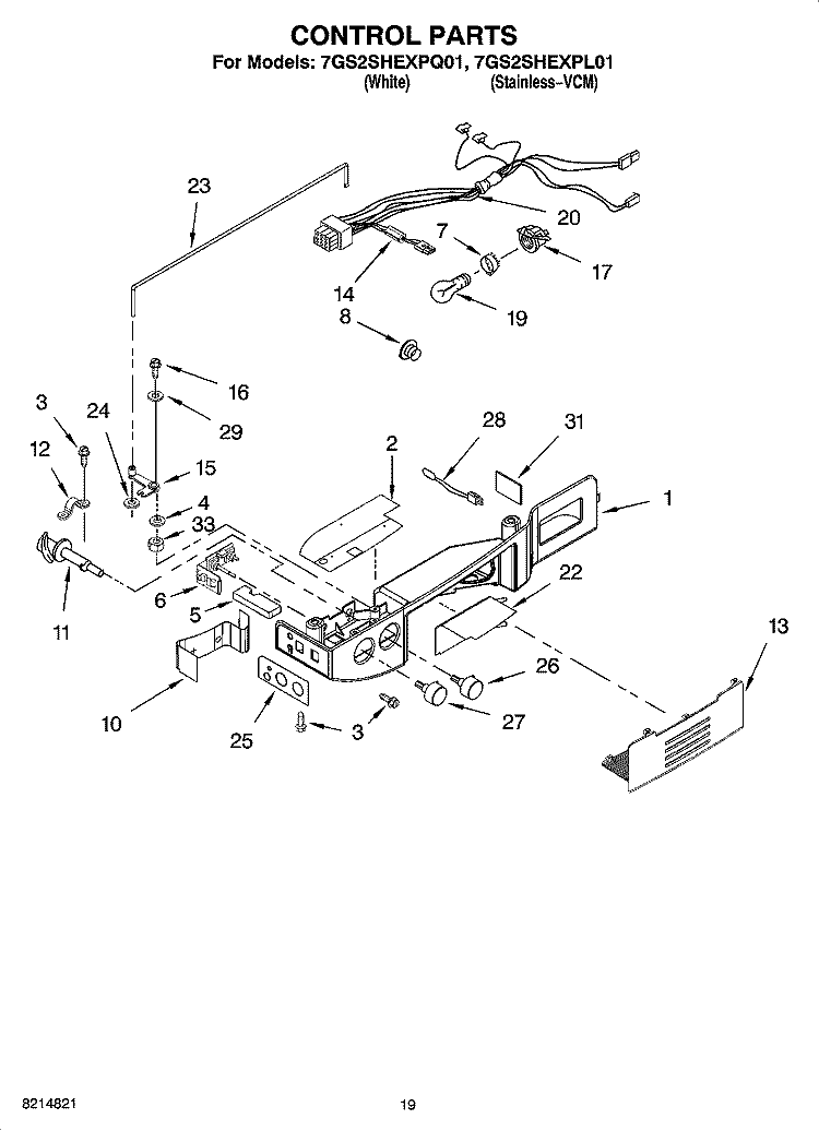 CONTROL PARTS Diagram and Parts List for 7GS2SHEXPL01  Whirlpool Refrigerator