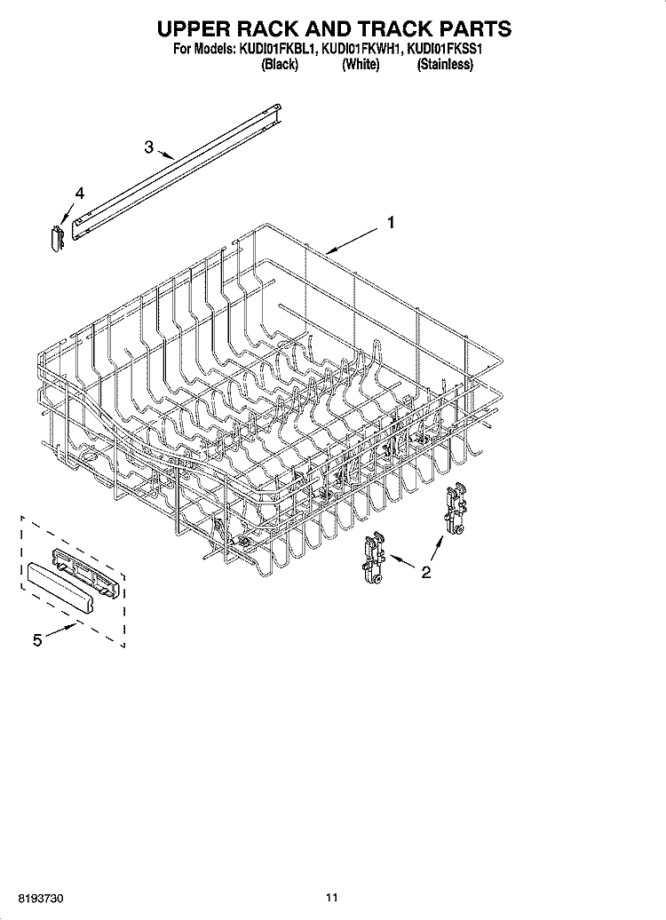 UPPER RACK AND TRACK PARTS Diagram and Parts List for KUDI01FKWH1  KitchenAid Dishwasher