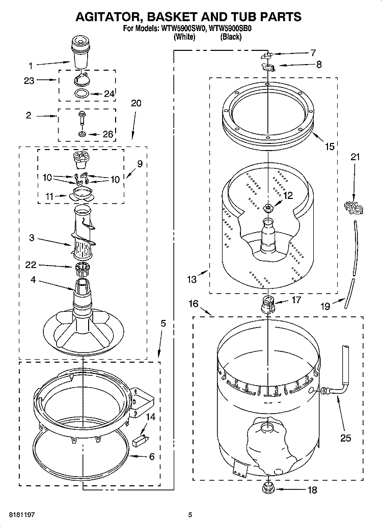 AGITATOR, BASKET AND TUB PARTS Diagram and Parts List for WTW5900SB0  Whirlpool Washer
