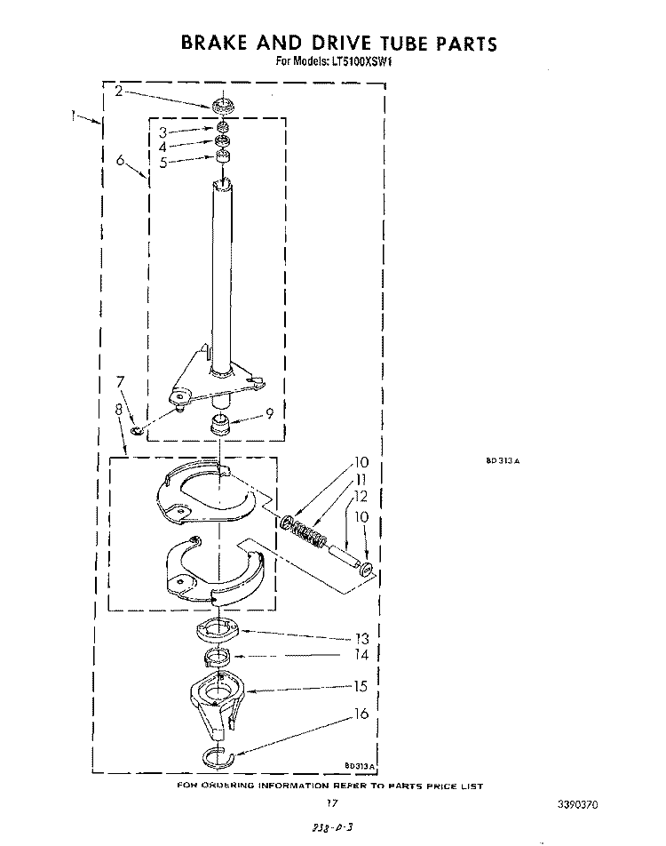 BRAKE AND DRIVE TUBE Diagram and Parts List for LT5100XSW1  Whirlpool Washer Dryer Combo