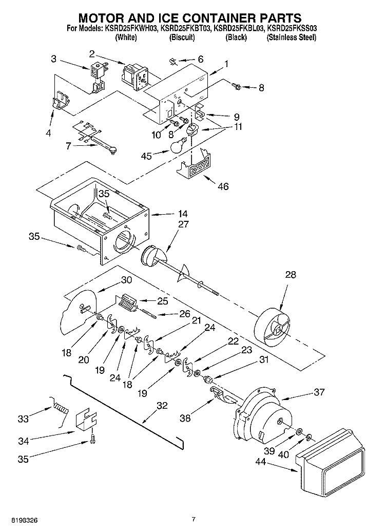 MOTOR AND ICE CONTAINER PARTS Diagram and Parts List for KSRD25FKSS03  KitchenAid Refrigerator