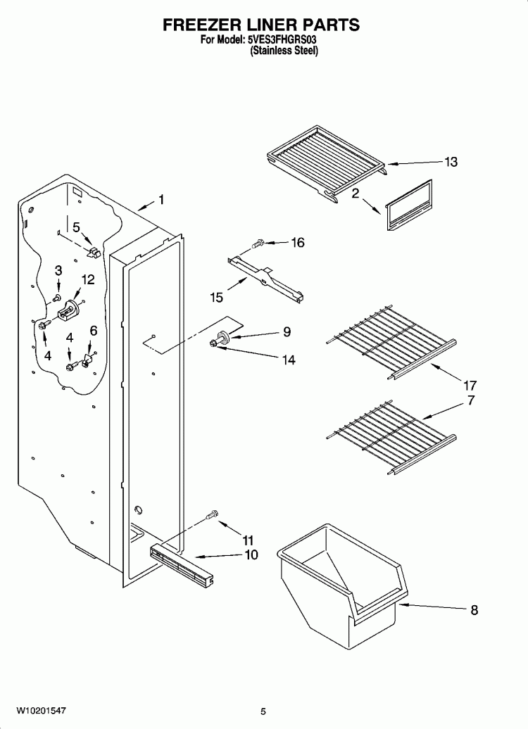FREEZER LINER PARTS Diagram and Parts List for 5VES3FHGRS03  Whirlpool Refrigerator