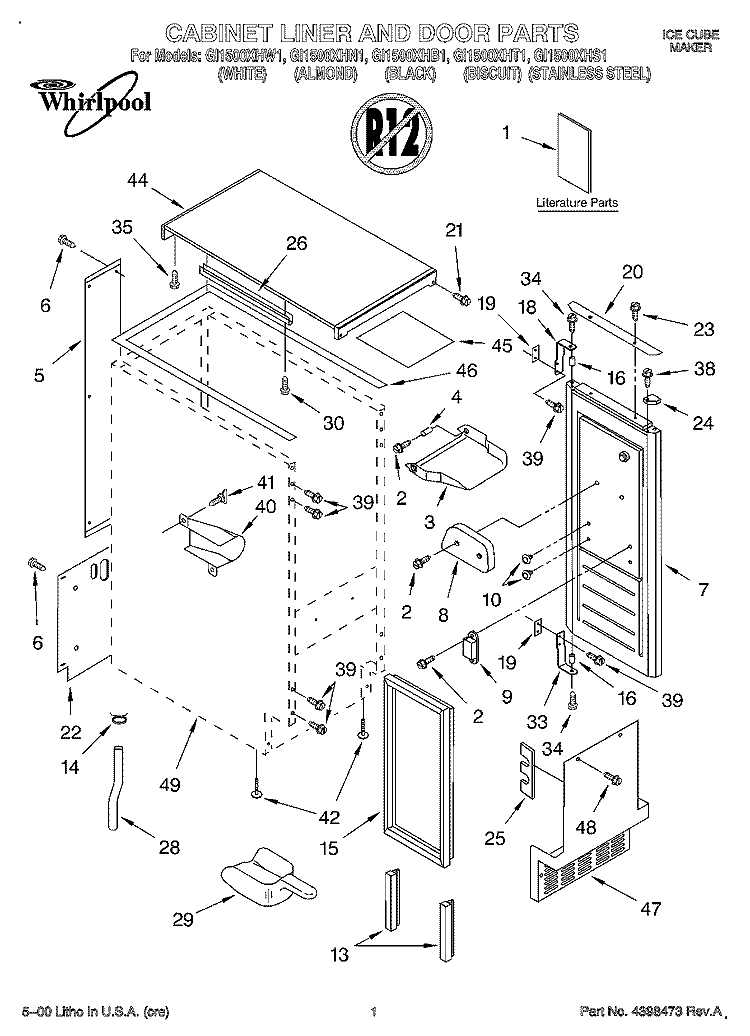 CABINET LINER AND DOOR, LIT/OPTIONAL Diagram and Parts List for GI1500XHB1  Whirlpool Ice Maker