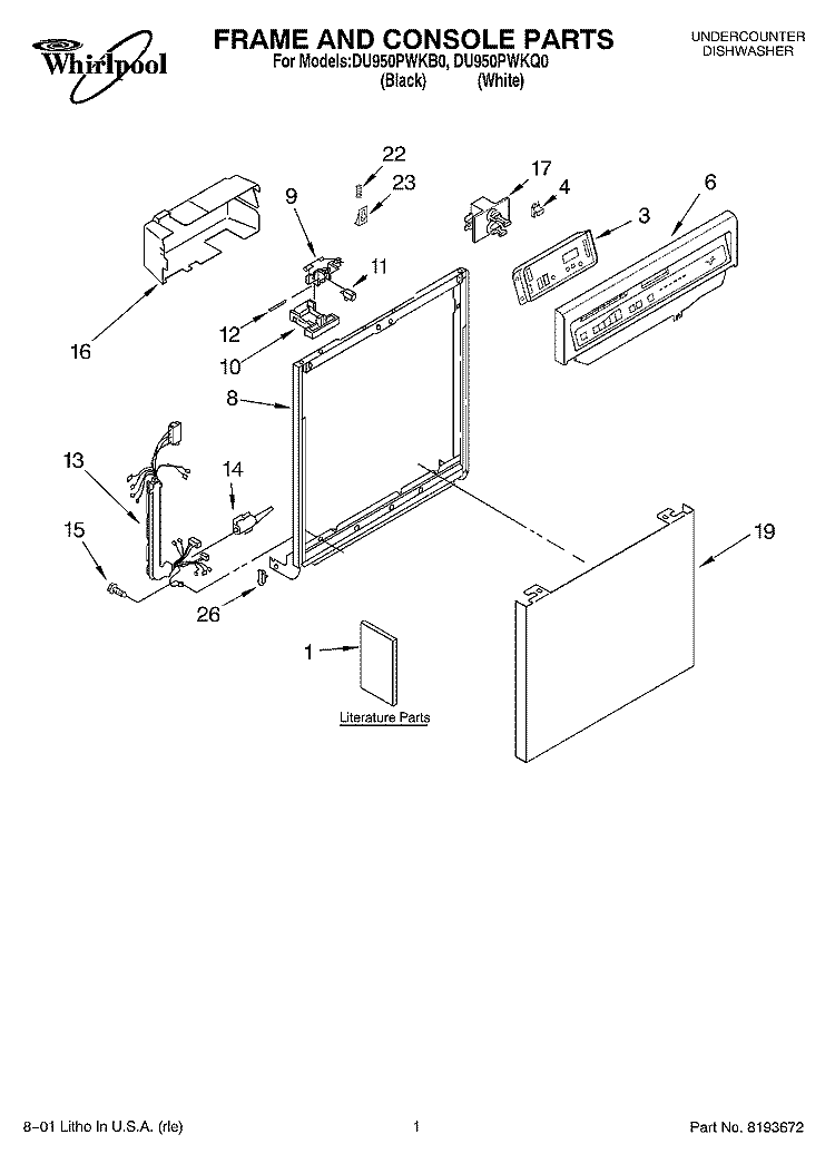 FRAME AND CONSOLE, LITERATURE Diagram and Parts List for DU950PWKB0  Whirlpool Dishwasher