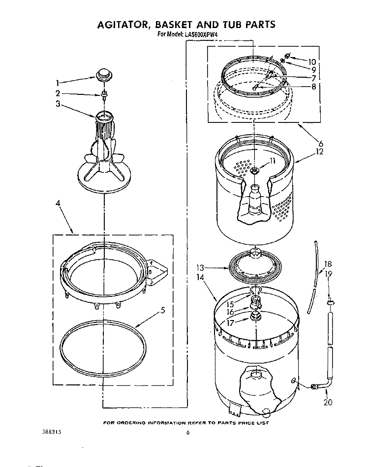 AGITATOR, BASKET AND TUB Diagram and Parts List for LA5600XPW4  Whirlpool Washer
