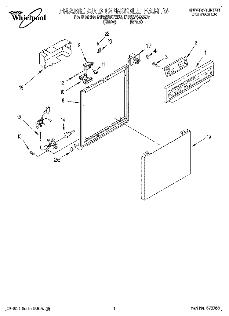 FRAME AND CONSOLE Diagram and Parts List for DU925SCGB0  Whirlpool Dishwasher