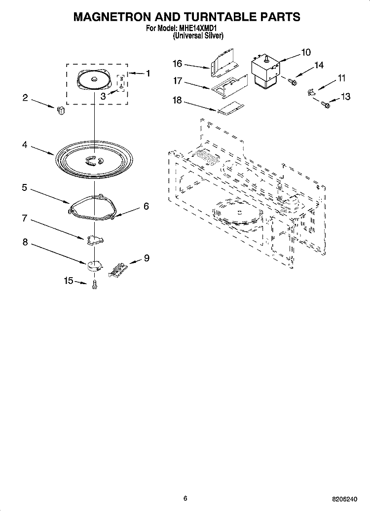 MAGNETRON AND TURNTABLE PARTS Diagram and Parts List for MHE14XMD1  Roper Microwave
